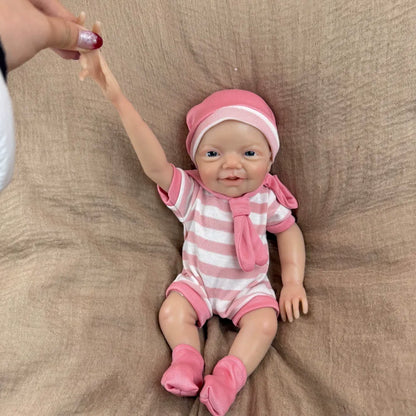 30 cm lebensechtes Lächeln Vollsilikon blaue Augen Charlie Reborn-Mädchen in rosa gestreifter Kleidung