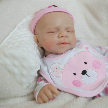 45 cm weiche Vollsilikon-Reborn Babypuppe Pascale im rosa Bären-Outfit