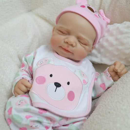 45 cm weiche Vollsilikon-Reborn Babypuppe Pascale im rosa Bären-Outfit