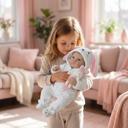 18 Zoll blauäugiges Reborn Baby Mädchen in weißem Kaninchen Outfit – Bettie