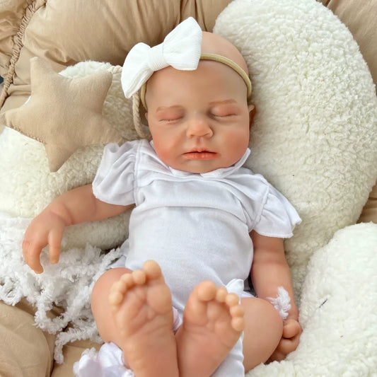 45 cm dehnbares Loulou Reborn Mädchen aus Vollsilikon in weißen Outfits