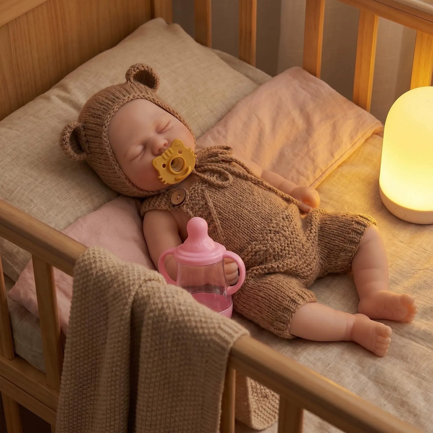 30 cm vollständig aus Silikon gefertigte Reborn Puppe Pickle mit geschlossenen Augen in brauner Kleidung