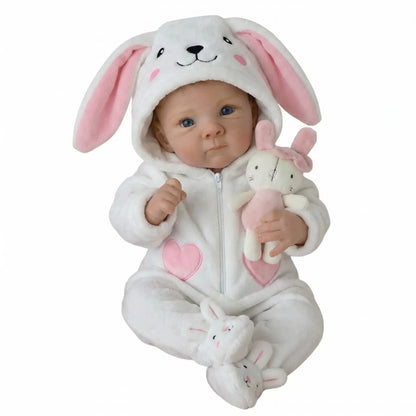18 Zoll blauäugiges Reborn Baby Mädchen in weißem Kaninchen Outfit – Bettie