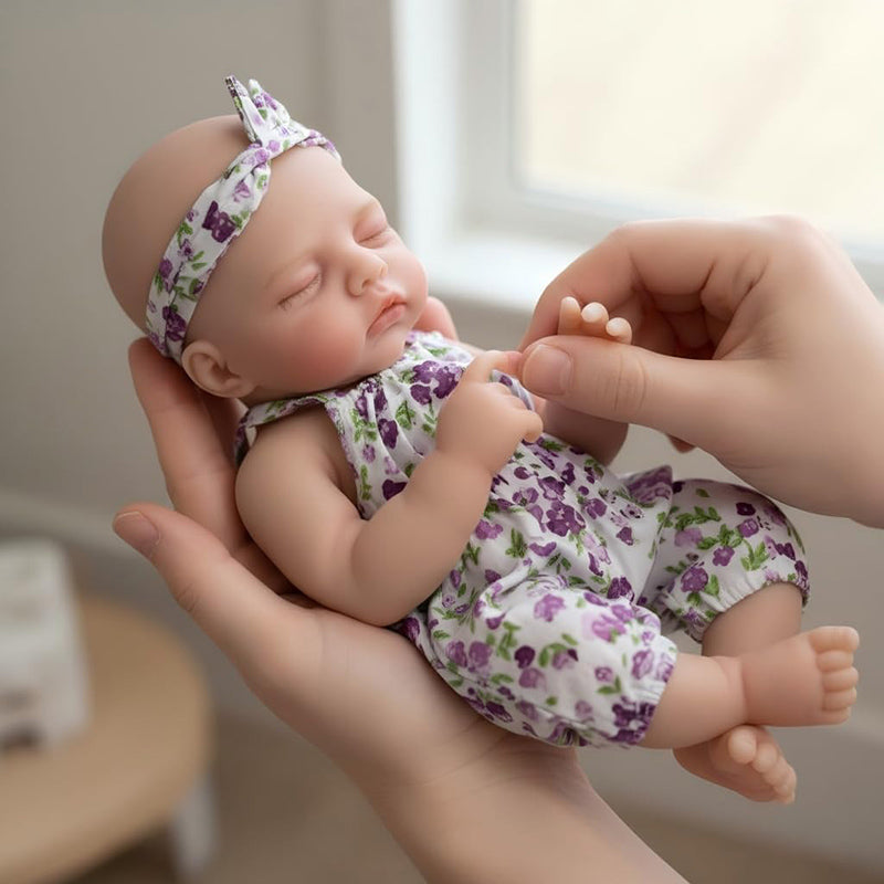 30 cm Irys Reborn Puppe aus Vollsilikon Mädchen im lila geblümten Strampler