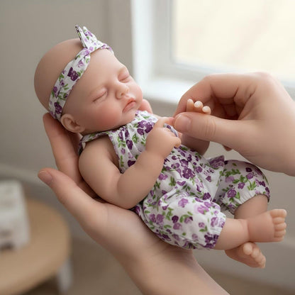 30 cm Irys Reborn Puppe aus Vollsilikon Mädchen im lila geblümten Strampler