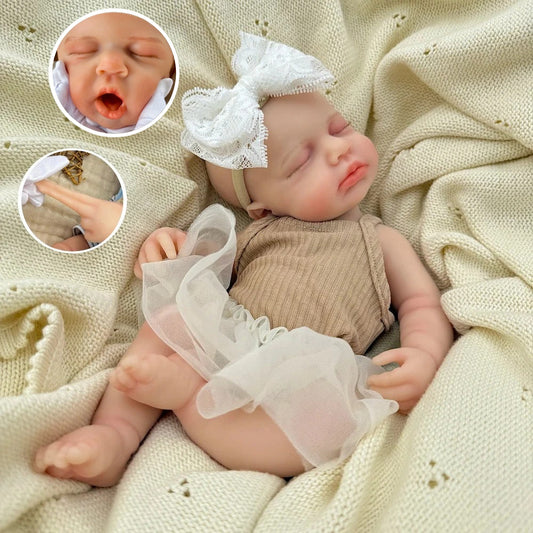 30 cm lebensechte Loulou Reborn Puppe aus Vollsilikon mit geschlossenen Augen im kaffeefarbenen Kleid