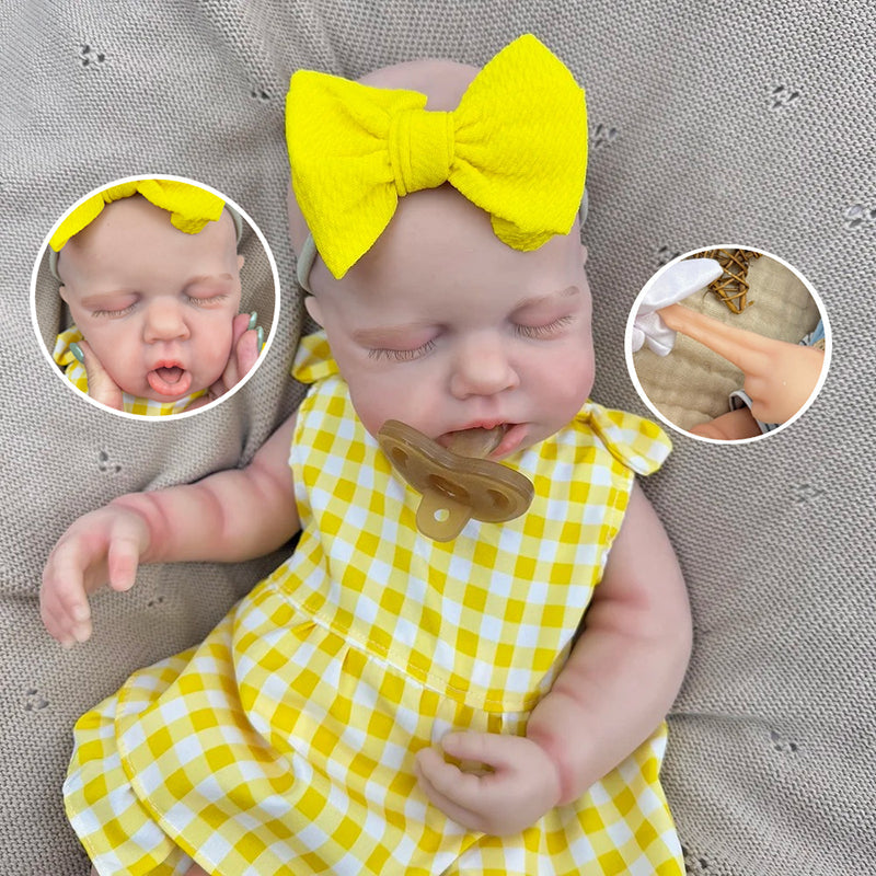 45 cm dehnbares Loulou Reborn Baby Mädchen aus Vollsilikon im gelben Karokleid