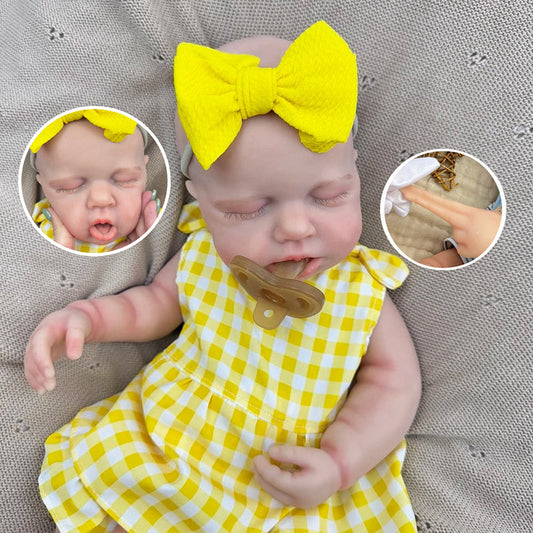 45 cm dehnbares Loulou Reborn Baby Mädchen aus Vollsilikon im gelben Karokleid