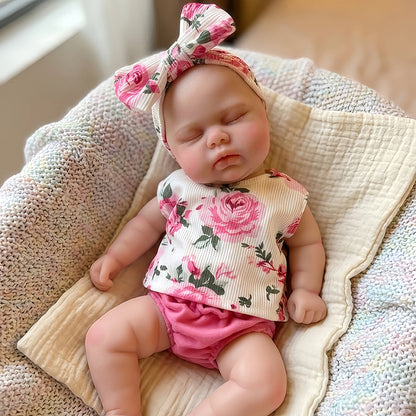 30cm Pickle Reborn Puppe aus Vollsilikon mit geschlossenen Augen im geblümten Outfit