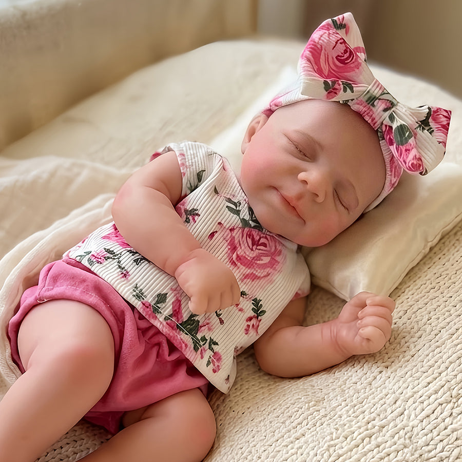30 cm niedliche Pascale Reborn Puppe aus Vollsilikon in rosa geblümtem Outfit