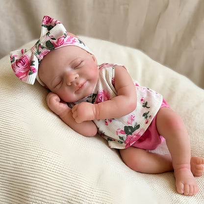30 cm niedliche Pascale Reborn Puppe aus Vollsilikon in rosa geblümtem Outfit