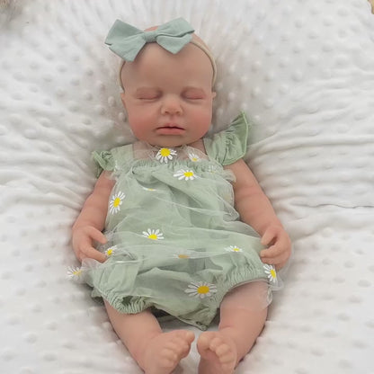 45 cm dehnbares Loulou-Reborn-Mädchen aus Vollsilikon im grünen Gänseblümchen Outfit
