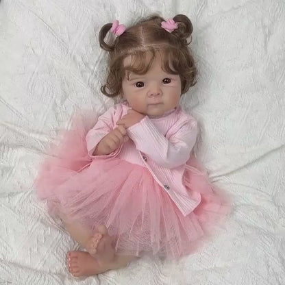 48 cm Reborn Puppe Bettie mit offenen Augen und weichem Körper im rosa Kleid
